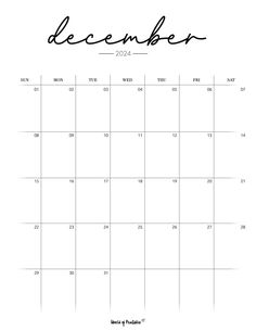 a december calendar with the word december written in cursive writing on it and black ink