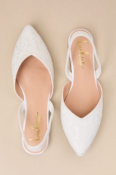 White Lace Flats - Lace Slingback Flats - Pointed-Toe Lace Flats - Lulus White Wedding Shoes Flats, White Lace Flats, Comfortable Wedding Heels, Bride Flats, Wedding Shoes Comfortable, White Dress Shoes, Lace Flats, White Wedding Shoes, Wedding Shoes Flats