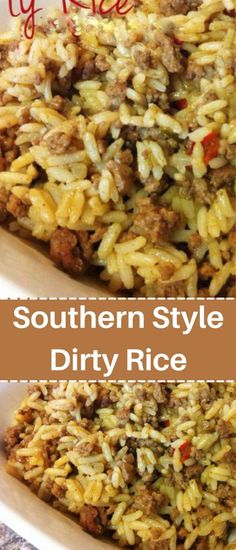 two plates filled with rice and meat on top of each other, next to the words southern style dirty rice