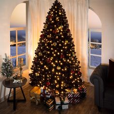 a decorated christmas tree in a living room with presents under it and lights on the top