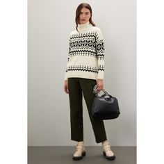 Off-white geometric knit (80% Wool, 20% Polyamide). Sweater. Long sleeves. Turtleneck. Pull on. 25.5" from shoulder to hemline. Imported. Elegant White Jacquard Knit Sweater, Chic White Jacquard Knit Sweater, Chic Jacquard Knit Sweater For Work, Jacquard Knit Sweater For Work, Casual Jacquard Knit Workwear Sweater, Casual Jacquard Knit Sweater For Work, Geometric Knit, Leather Jeans, Rent The Runway