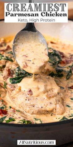 a ladle full of cream cheese chicken in a skillet