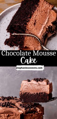 chocolate mousse cake on a white plate with a fork and text overlay that reads, chocolate mousse cake