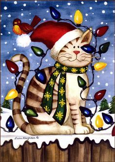 a painting of a cat wearing a santa hat and scarf with christmas lights around it