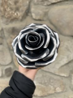 a person holding up a black and white flower in front of a stone wall background