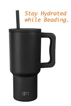 a black cup with a straw in it and the words stay hydrated while beding