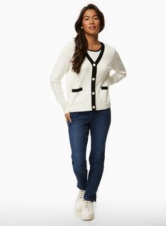 This button front cardigan is perfect with jeans or pants. We love the cropped fit, text, and contrast trim. It's as versatile as it is chic. V-neck, Long sleeves, Button front, Pockets, Contrast trim, Soft, comfortable knitted fabric, Our model is 5'4\"/162 cm and wears a size S. | Laura Petite Women's Button Front Cardigan in White Pattern, Size XL, Viscose/Nylon Cardigan Short, Professional Clothing, Cardigan White, Button Front Cardigan, Petite Women, Professional Outfits, Contrast Trim, White Patterns, Chic Design