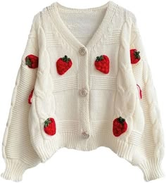 Knitted Strawberry, Strawberry Knit, Cardigan Aesthetic, Strawberry Cardigan, Kawaii Strawberry, Korean School, Knit Cropped Sweater, Uniform Jacket, Unique Sweaters