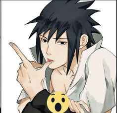 an anime character with black hair pointing at the camera