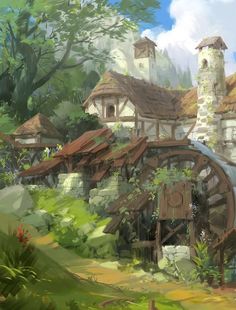 an artistic painting of a village in the woods with a water wheel on it's side