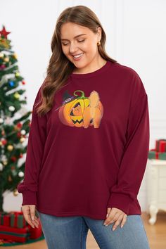 Halloween Pumpkin Cat Print Long Sleeve Loose Sweatshirt Fall Crew Neck Sweater With Cat Design, Crew Neck Sweater With Cat Design For Fall, Fall Cat Print Crew Neck Top, Fall Crew Neck Top With Cat Print, Crew Neck Tops With Cat Design For Fall, Fall Crew Neck Sweatshirt With Cat Design, Pumpkin Cat, Halloween Crewneck, Dropped Shoulder Sweatshirt