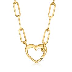 Ross-Simons - 14kt Yellow Gold Heart Charm Paper Clip Link Necklace. 18". Shining in polished 14kt yellow gold, this on-trend paper clip link necklace features a heart charm that can be worn as is or with your favorite charms with 2mm bales or larger. A great everyday signature or personality pick for your layered looks. Concealed clasp, 14kt yellow gold heart charm paper clip link necklace. Chain With Charms, Fine Jewelery, Gold Paper, Gold Heart, Layered Look, Link Necklace, Heart Of Gold, 14kt Gold, Paper Clip