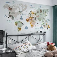 a child's bedroom with a large wall mural and teddy bear on the bed