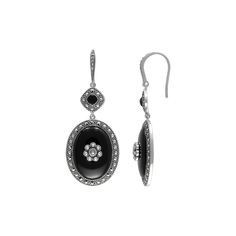 Featuring delicate flower accents in the centers of dramatic onyx stones, these halo drop earrings are an elegant option for day or night. Click on this JEWELRY & WATCHES GUIDE to learn about fit, styles, materials and more!Earring Details: Length: 2.06 in. Backings: fishhook Metal: sterling silver Stone Details: Stone type: genuine onyx, marcasite Cut: oval cabochon, round Setting: bezel Size: One Size. Color: Black. Gender: female. Age Group: adult. Black Onyx Jewelry, Flower Halo, Vintage Fashion Photography, Onyx Jewelry, Black Hills Gold, Onyx Stone, Delicate Flower, Oval Cabochon, Onyx