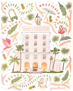 an illustration of a pink building surrounded by palm trees and other tropical objects on a white background