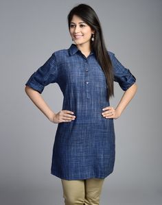 Fabindia.com | Cotton Khadi Bijli Placket Tunic Kurtis Indian, Ghaghra Choli, Casual Work Attire, Indian Saree Blouses Designs, Denim Ideas, Beautiful Dress Designs