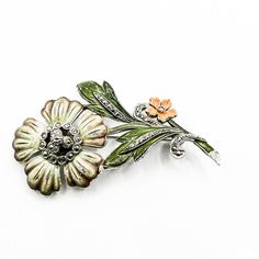 Vintage Green and Orange Flower Pin/Brooch Costume Jewelry Cubic Zirconia Stones Spring Flower Brooches With Flower Decoration, Orange Flower, Flower Pins, Orange Flowers, Pin Brooch, Green And Orange, Costume Jewelry, Antique Jewelry, Vintage Antiques