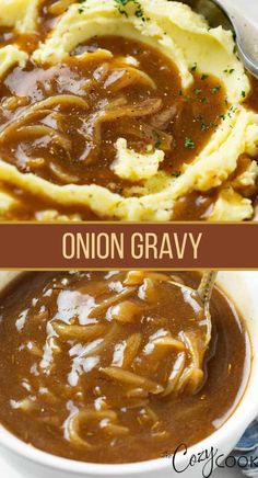 an image of onion gravy with mashed potatoes