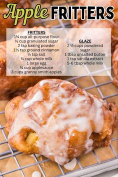 an apple fritters recipe on a cooling rack with instructions for how to bake them