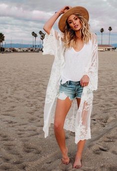 "An overlayering piece made with soft embroidered sheer lace. Makes for a super sweet cover up for any outfit! ONE SIZE FITS MOST - SMALL, MEDIUM, LARGE, XL  Length: 46\"  Bust: 24\" (tie front, one size fits all) Armhole: 14\"" White Lace Jacket, Kimono Outfit, Beach Kimono, Long Coat Women, Summer Lace, Lace Kimono, Scallop Edge, Lace Jacket, Lace Cardigan