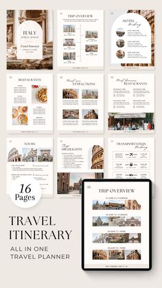 the travel itinerary is displayed on a tablet screen and in front of an image of