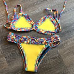 Gorgeous Crochet Bright Yellow Sz Small Bikini. Reversible, Never Worn Colorful Fitted Beachy Swimwear, Colorful Fitted Swimwear For Beach Season, Neon Yellow Beachwear For Pool, Colorful Fitted Swimwear For The Pool, Colorful Fitted Swimwear For Pool, Vibrant Yellow Swimwear For The Beach, Vibrant Yellow Swimwear For Sunbathing, Yellow Triangle Top Swimwear With Stretch, Vibrant Yellow Triangle Top Swimwear