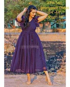 Hands For Frocks, Georgette Floral Long Frocks, Georgette Frock For Women, Georgette Frocks, Frock Designs For Women, Floral Long Frocks, Frock Models, Simple Frock Design, Long Frock Designs