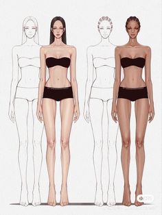 three women in swimsuits standing next to each other with their measurements drawn on them