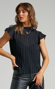 Harlow High Neck Pleated Workwear Top in Black | Showpo USA Elegant High Neck Ruffle Top, Elegant High Neck Top With Ruffles, Chic Pleated Stretch Top, Elegant Stretch Tops With Flutter Sleeves, Elegant Flutter Sleeve Top For Night Out, Fitted Flutter Sleeve Top For Night Out, Chic Black Pleated Top, Chic Flutter Sleeve Top For Night Out, Chic Pleated Short Sleeve Tops