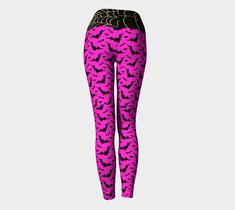 HALLOWEEN YOGA PANTS FOR WOMEN - DESIGNER YOGA LEGGINGS - SPIDER WEB BAT PRINT Eco-Friendly Haute Couture - Created for you & Our Planet! + Our leggings are built to last, our fabric won't lose shape and our vibrant prints never fade. + Opaque, safe to wear for working out. + Vivid print that will never fade after washing. + Compression fit due to our high spandex fabric. + Our ultra-stretch fabric holds shape even after multiple wearings. + High waist, our legging's mold to your body, and h Pink Tights For Fall, Gothic Stretch Pants For Halloween, Black Stretch Pants For Halloween, Stretch Halloween Leggings, Stretch Bottoms For Halloween Cosplay, Black Stretch Leggings For Cosplay, Gothic Stretch Bottoms For Halloween, Gothic Stretch Halloween Leggings, Fitted Black Tights For Halloween