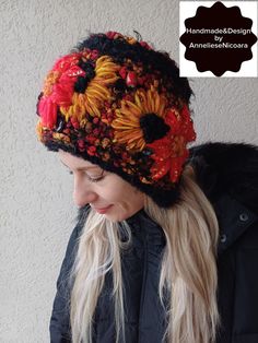 The color of the hat is black mixt red , ocher and yellow. Hand embroidered red and ocher flowers. Hat fits for a head circumference of - 56-58 cm / 22,04 - 22,83 " The color of the product in the photo may differ from the real one due to the color settings of your monitor. Recommendations for care: gentle hand washing at temperatures up to 30 degrees or cold , drying on a large cup. Thank you for visiting my store  Have a great day! Handmade Yellow Crochet Hat For Winter, Bohemian Black Winter Hat, Red Knitted Hat For Fall, Winter Festival Beanie Mini Hat, Red Winter Hats For Gifts, Handmade Hats For Fall, One Size Fits Most, Handmade Black Mini Hats For Winter, Winter Embroidered Hat As Gift, Winter Festival Mini Hats One Size