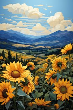 a painting of sunflowers and mountains in the background