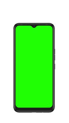 a black cell phone with a green screen on it's back side, viewed from the front