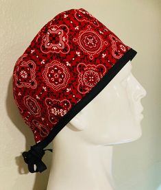 "Surgical scrub cap, skullcap (1 available) made with 100% prewashed cotton fabric. Skullcap has ½\" thickness ties. Special discount applied if mask or scrunchie is purchased with a cap.  Custom orders can be made by contacting the owner of the shop." Cotton Headband Bandana, Adjustable Red Bandana Headband, Skullcap Hat, Chunky Knit Hat, Fabric Garland, Surgical Hats, Hair Cover, Scrub Caps Surgical, Red Bandana