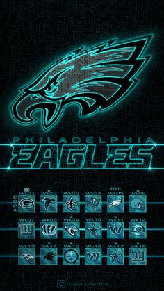 the philadelphia eagles logo is shown in blue and green neons on a black background