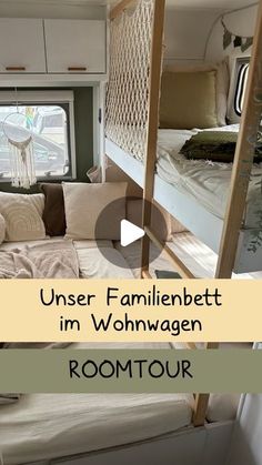 the interior of a camper with bunk beds in it and text overlay that reads, under familiebett im wohngenwagen room tour