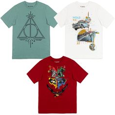 three harry potter t - shirts on white, green and red