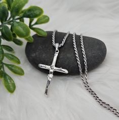 Sterling Silver Crucifix Necklace, Unisex Crucifix Necklace, 2mm French Rope Chain, For Men, Boys, Teens or Women, Rhodium Over 925 Sterling to Give it The 14k White Gold Look E X P E D I T E D ∙ S H I P P I N G You will be able to choose faster shipping options when you add Priority Shipping upon checkout. Ship times do NOT include production times. However, if you select expedited shipping, we will try to get your order completed faster. We want you to be happy with your purchase, and we take pride in offering you well-made, quality products. If you have any questions or issues with an order, please don't hesitate to contact us! We look forward to messages you send us and welcome the opportunity to provide exceptional customer service. We stand behind every item we sell and your satisfac Silver Crucifix Figaro Chain Jewelry, Silver Crucifix Necklace With Figaro Chain, Silver Figaro Chain Necklace With Cross Pendant, Silver Cross Necklace With Figaro Chain, Silver Necklace With Figaro Chain And Cross Pendant, Silver Cross Necklace With Figaro Chain As Gift, Crucifix Necklace, Chain For Men, Men Boys