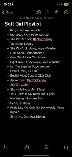 an iphone screen with the text soft girl playlist in black and yellow on it