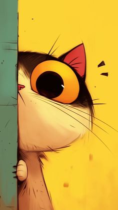 a cartoon cat peeking out from behind a wooden pole with its eyes wide open and one paw on it's head