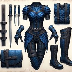 a paper model of a woman in blue armor and boots with various items around her