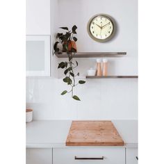 a kitchen counter with a clock on the wall above it and plants in vases