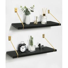 two black shelves with gold handles and one has a clock on the top, another holds plants