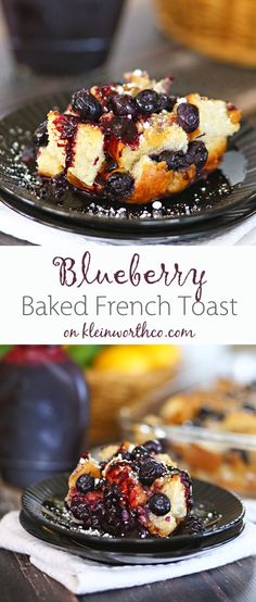 blueberry baked french toast on a black plate