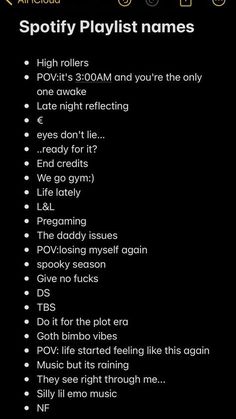 the spotify playlist names are displayed on an iphone screen, with text below