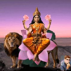 a painting of a woman sitting on top of a flower next to a lion and another man