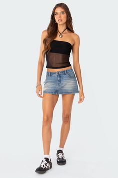 PRODUCT INFO Mini skirt Distressed detailing Denim fabric 100% Cotton Model wears size S Model height is 5'7 Item care: Wash with similar color Mesh Tube Top, Visionary Fashion, Jean Skirt Outfits, Perfect Night, Miniskirt Outfits, Swimwear Dress, Denim Details, Denim Mini, Denim Mini Skirt