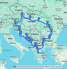 a map showing the route of many different cities and towns in europe, with blue markers