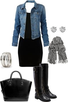 Love It! Can totally do this w vintage CAbi. Monroe dress Reversible jean jacket Tights Boots Would do pink scarf for added kick! Black Dress And Boots, Coffee Nook, Weather Outfits, Trendy Boots, Outfit Jeans, Sport Chic, Wardrobe Ideas, Fun Fashion