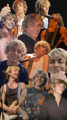 the collage shows many different people with their guitars and haircuts, including one man